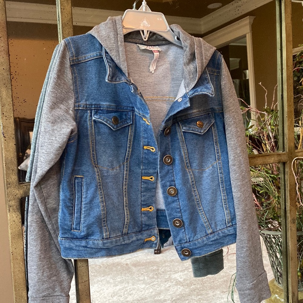 Girls Matilda Jane Jean coat with grey cotton sleeves and hood.